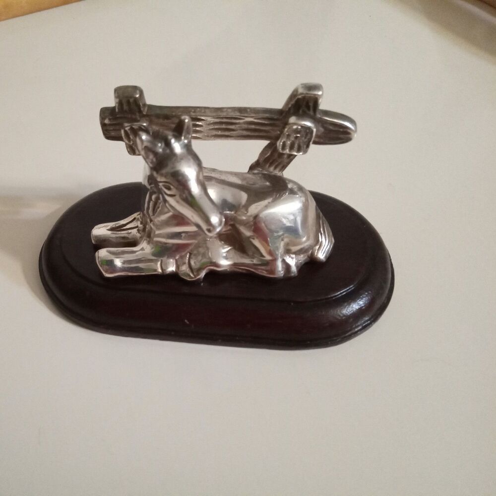Horse Business Card Holder With Solid Wood Base SP 2001 🐴 heavy silver n 🪵